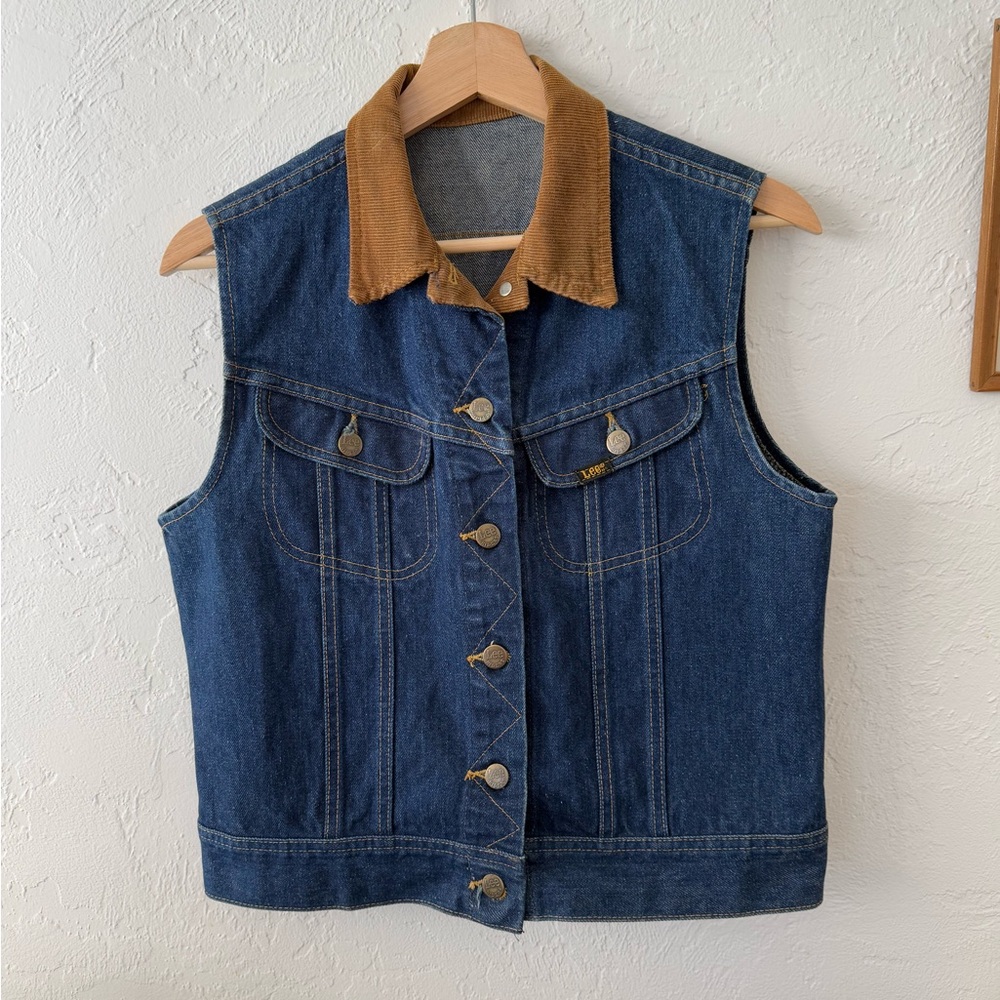 Lee Denim Button-Up Vest with Brown Corduroy Collar